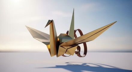 Golden origami crane floating serenely in a bright sky with soft clouds, symbolizing peace, hope, and good fortune