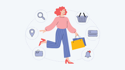 Happy Woman with Shopping Bags Surrounded by Ecommerce Icons Representing the Online Shopping Experience