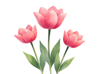 Obraz premium Watercolor painting of three elegant pink tulips with green leaves Isolated on transparent background.