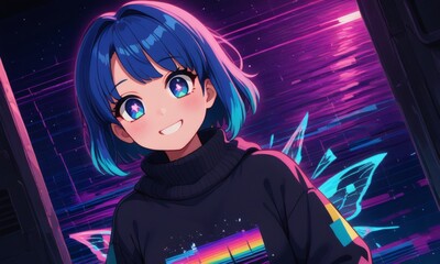 Vibrant anime girl with glowing blue eyes and butterfly wings smiles against a colorful glitchy digital neon background, blending cyberpunk and fantasy aesthetics brilliantly.