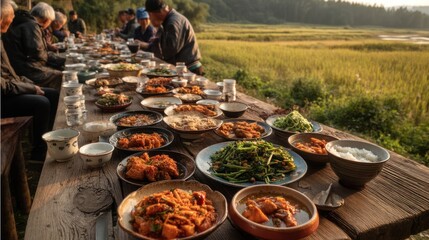 Villagers sharing homemade dishes at a long outdoor table beside a field