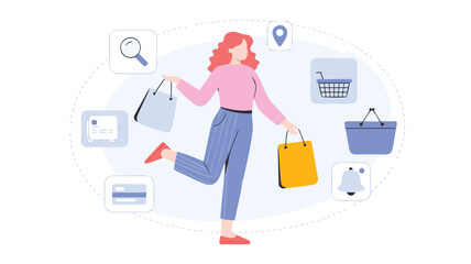 Stylish Woman Shopping Online with Bags and ECommerce Icons Illustration for Promotion