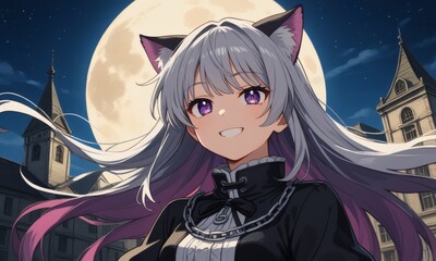 Mystical anime girl with silver hair and cat ears smiles confidently under a glowing full moon, dressed in gothic attire with chains, set against a magical medieval cityscape.