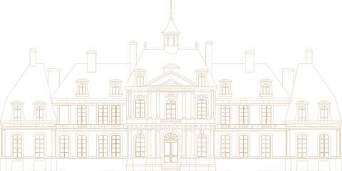 Detailed architectural line drawing of classic French château facade with ornate windows, mansard roof, and elegant neoclassical design elements.