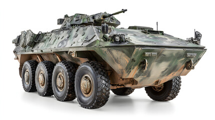 Armored military vehicle six wheels camouflage green gun turret