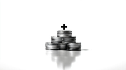 Addition Symbol, A minimalist graphic of several coin icons with a large plus symbol, symbolizing adding to savings.  on a white background. 3d illustration.