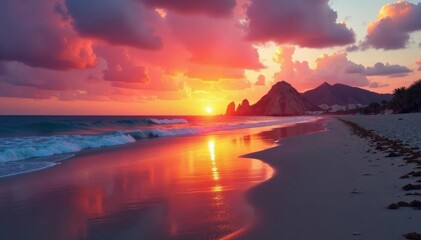 Vibrant sunrise illuminates San Jose del Cabo's sandy shore , ocean, vacation, stock photo