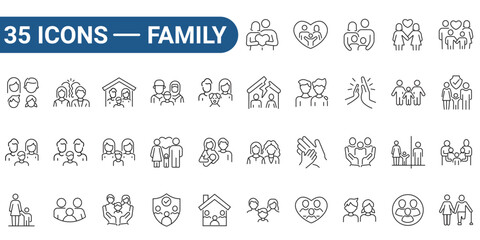 Family line icon set. Includes parenthood, grandparents, children, adoption. Editable stroke. Vector illustration