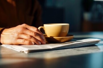 Coffee morning newspaper hands holding cup on table reading for relaxation, lifestyle daily routine, press, comfort, awake energy and home breakfast concept close up