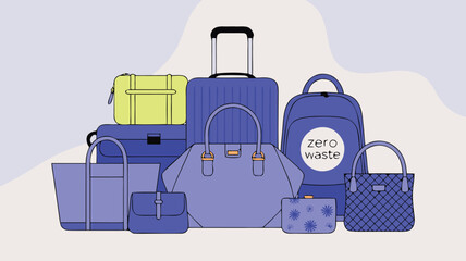 Variety of Sustainable Bags Suitcase, Totes, Backpack, and More in Purple and Lime Green Colors