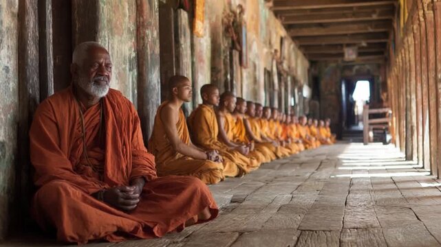 Serene Monks in Temple: A contemplative row of Buddhist monks, clad in saffron robes, engage in silent meditation, evoking a sense of inner peace and spiritual contemplation.
