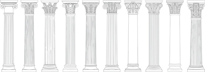 Naklejka premium Set of classical architectural columns line art, ancient Roman Greek column styles, historical pillars, decorative elements, black and white illustration.