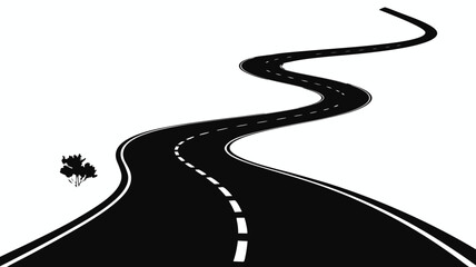Winding Asphalt Road with Dashed Lines and Roadside Tree Against a White Background