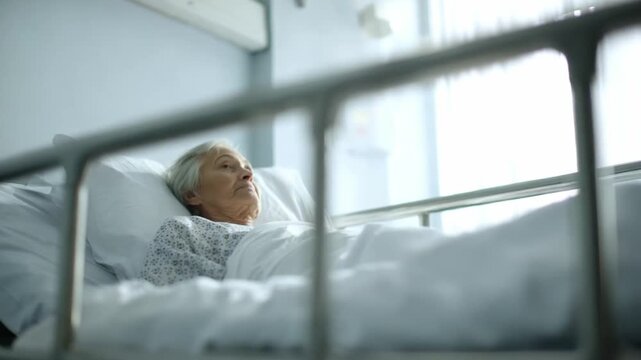 Silent Strength: An elderly woman rests peacefully in a hospital bed, illuminated by soft natural light, conveying resilience.