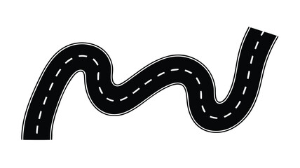 Winding Black Road Illustration with Dashed White Center Line on a White Background