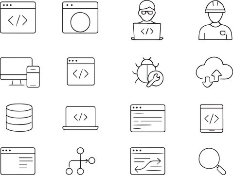 Programming & Coding Web Icon Set in Modern Line Style &ndash; API, Developer, IT, Software, Database, Debugging, Web Development