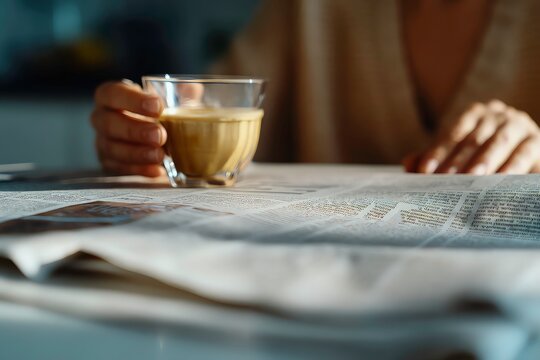 Coffee morning newspaper hands holding cup on table reading for relaxation, lifestyle daily routine, press, comfort, awake energy and home breakfast concept close up - Powered by Adobe
