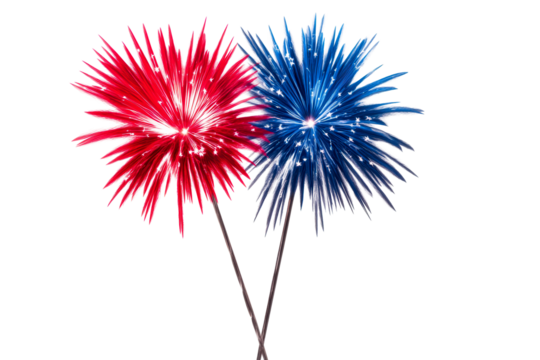 Two dazzling fireworks burst in red and blue with star sparkles