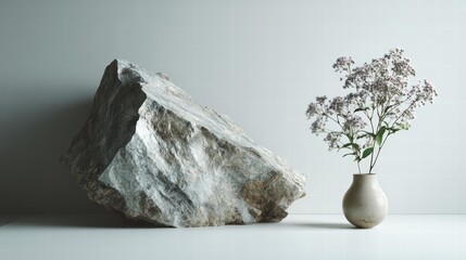 Rugged rock and delicate purple flower vase: Nature-themed decor contrast study for artistic installations and texture exploration 