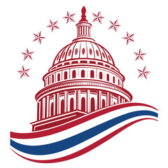 Red Capitol Building with Stars and Stripes Flag features a transparent background