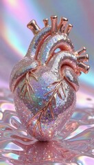 Glitter pink anatomical heart in iridescent holographic 3D style