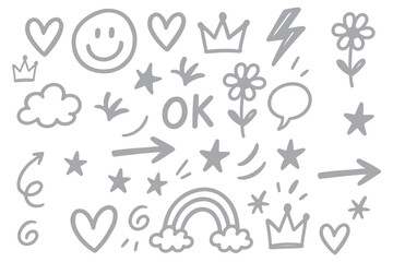 Smile brush hand drawn vector element set. Emoji fun face, heart, crown symbol crayon texture marker background kid sketch style hand drawn element. Color smiley face, arrow. Vector illustration