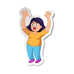 sticker of a cartoon woman raising hands in air