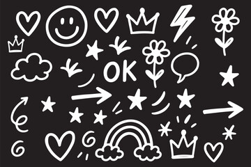 Smile brush hand drawn vector element set. Emoji fun face, heart, crown symbol crayon texture marker background kid sketch style hand drawn element. Color smiley face, arrow. Vector illustration