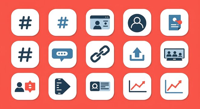 Collection of social media and business icons on a red background - Powered by Adobe