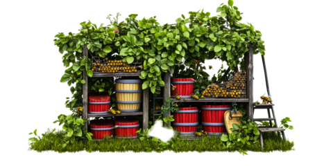 Honey harvest display with beehives and buzzing bees amidst lush greenery and red barrels