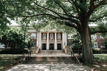 Naklejka premium Front facade of a classic school building, shaded by a large tree