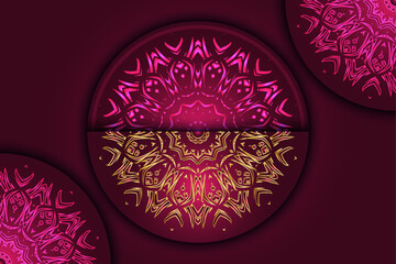 Gold and pink mandala featuring intricate circular star patterns on dark red background for artistic decoration