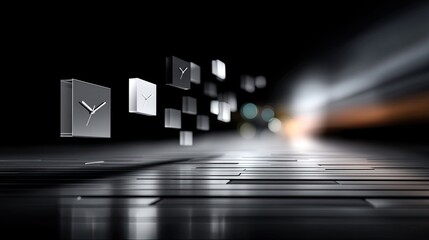 Floating Digital Clock Faces in Dark Futuristic Setting