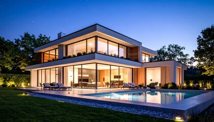 Obraz premium Modern Luxury Home with Pool and Evening Sky, Illuminated Exterior