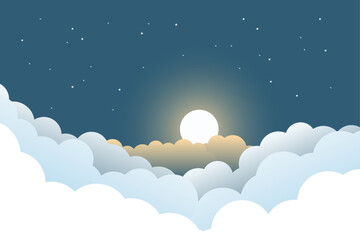 Vector illustration of a night sky moon with stars in the clouds