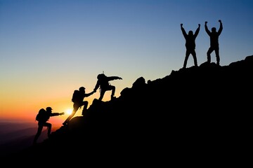 Silhouette of a group of people on peak mountain climbing helping each others team work business concept
