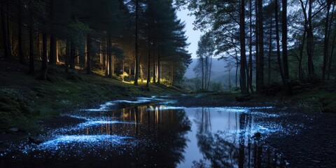 Twilight glowing woodland and floating bioluminescent trees drifting in the sky