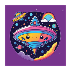 Obraz premium Cute Cartoon Alien Spaceship Flying Through a Vibrant, Whimsical Universe Filled with Planets, Rainbows, and Stars, Perfect for Children's Illustrations and Designs.