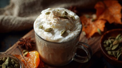 Chai tea latte topped with whipped cream. Cardamom pods and orange maple leaves. Cozy autumn