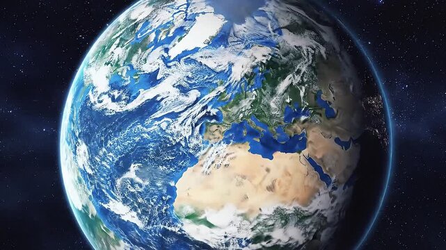 Earth viewed from space showcasing Europe Africa the Middle East and surrounding oceans amidst a starlit background