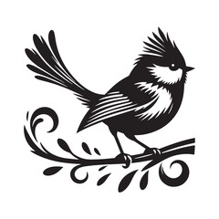 Fototapeta premium Stylized Black Bird With Crest Sitting On A Decorative Branch On White Background vector illustration