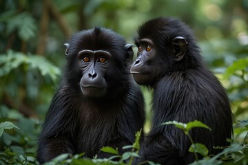 Obraz premium Mother and Baby Celebes Crested Macaques Sitting in Green Forest on transparent background