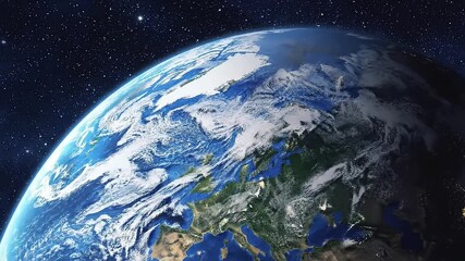 Earth viewed from space showing continents oceans clouds and a starry background