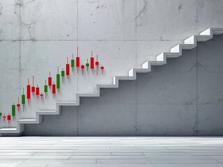 Steps carved into a massive stock chart wall, climbing the market trends 