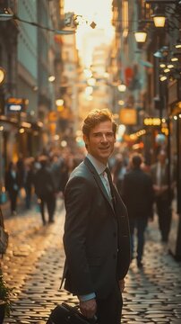 Business Professional in City: A confident business professional stands in the middle of a lively city street, radiating self-assurance and ready to conquer the day.
