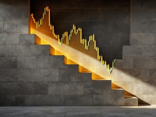 Steps carved into a massive stock chart wall, climbing the market trends 