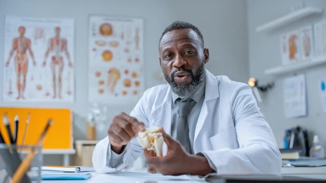 Expert Anatomist: A distinguished medical professional, clad in a pristine white coat, meticulously examines a detailed skeletal model in a well-lit consultation room, offering insight.