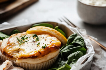 A freshly baked savory muffin sits on a wooden plate, topped with chicken and basil, next to a bowl of warm oatmeal and a potted herb. Morning light fills the kitchen