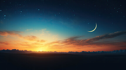 Ramadan Islamic night sunset scene with eastern crescent moon and glowing sky spiritual holy month celebration concept isolated on white background