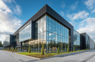 Obraz premium Industrial architecture with modern glass facade and sharp lines reflecting blue sky and surrounding outdoor environment